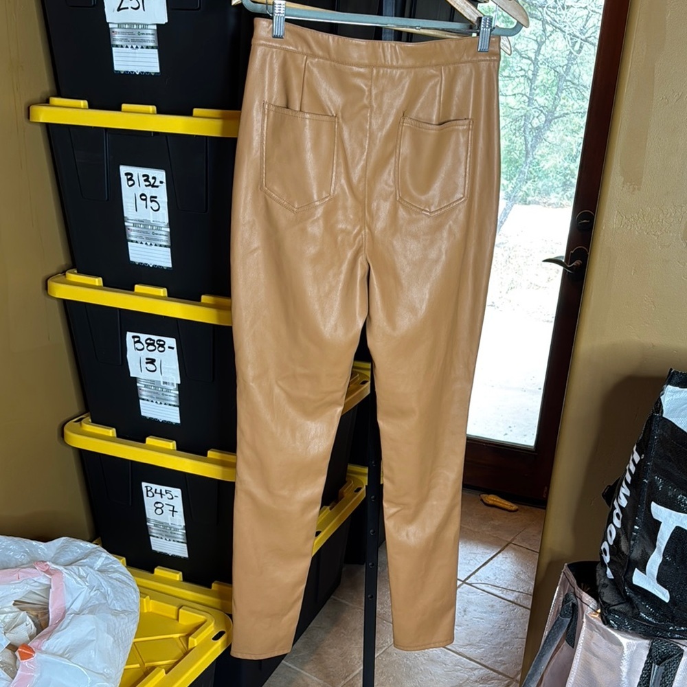 PrettyLittleThing Camel Faux Leather Split Hem Skinny Pants Size 8 - Picture 5 of 9